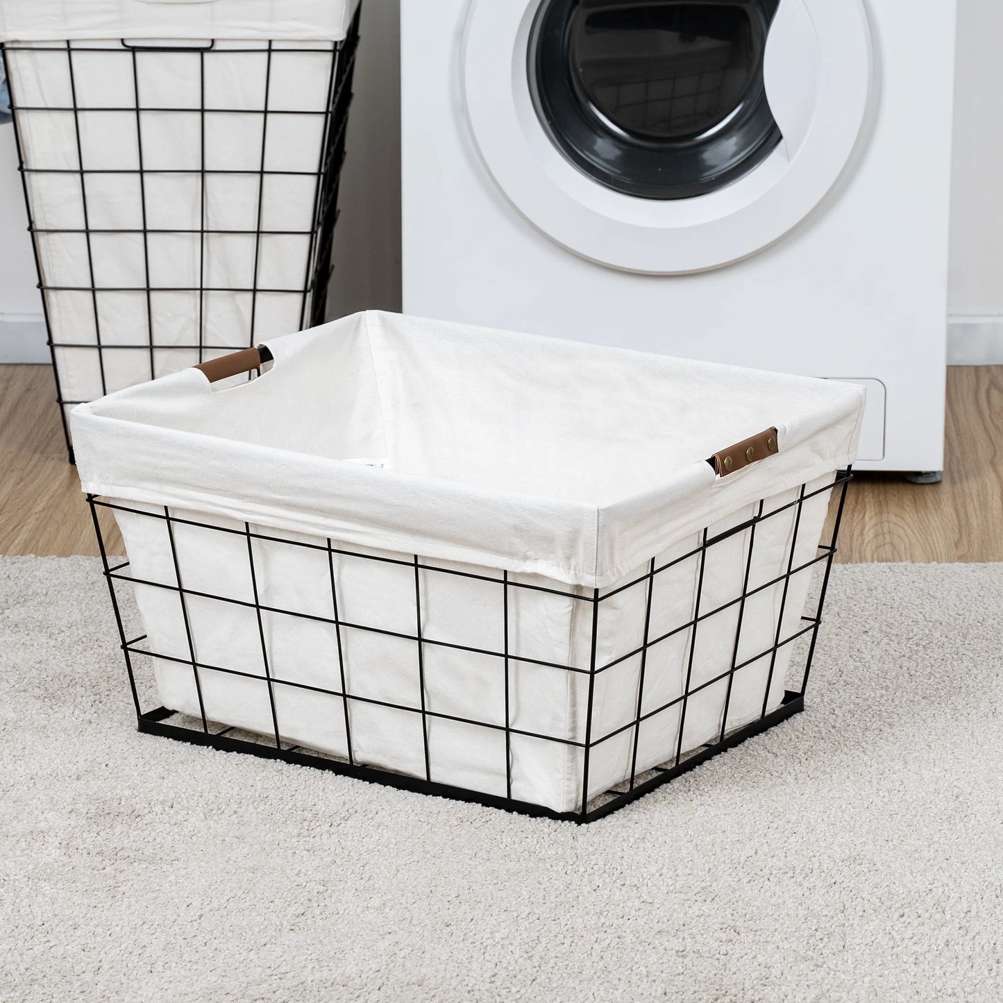 60L Rectangular Steel Laundry Basket for Adult, Black & Natural